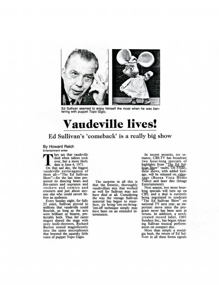 Chicago Tribune Vaudeville Lives Ed Sullivans Comeback Is A Really Big Show Ed Sullivan Show 